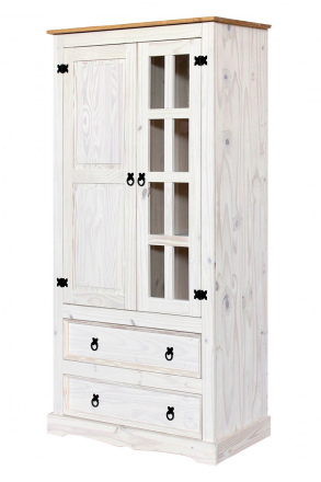 Möbilia Vitrine aus Kiefer massiv , in der Farbe weiß lackiert, honigfarbige Deckplatte 19020044
