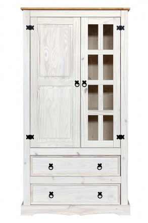 Möbilia Vitrine aus Kiefer massiv , in der Farbe weiß lackiert, honigfarbige Deckplatte 19020044