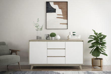 Möbilia Sideboard aus Spanplatte laminiert, Schubladen melaminbeschichtet, Beine MDF , in der Farbe natur, weiß 27020004