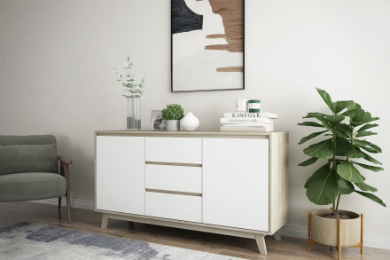 Möbilia Sideboard aus Spanplatte laminiert, Schubladen melaminbeschichtet, Beine MDF , in der Farbe natur, weiß 27020004