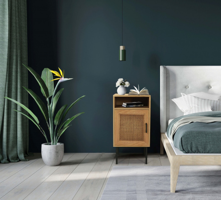 Möbilia Nachtkommode aus MDF mit Paulownia-Furnier, Front Rattan, Beine pulverbeschichtetes Metall , in der Farbe natur, Beine schwarz 28020000
