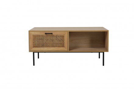 Möbilia Couchtisch aus MDF mit Paulownia-Furnier, Front Rattan, Beine pulverbeschichtetes Metall , in der Farbe natur, Beine schwarz 28020005