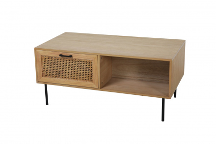 Möbilia Couchtisch aus MDF mit Paulownia-Furnier, Front Rattan, Beine pulverbeschichtetes Metall , in der Farbe natur, Beine schwarz 28020005