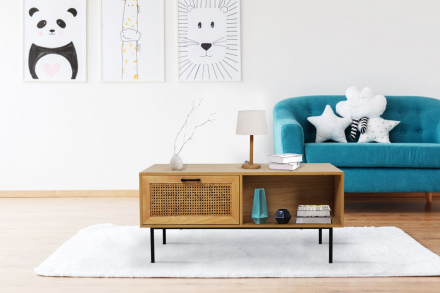 Möbilia Couchtisch aus MDF mit Paulownia-Furnier, Front Rattan, Beine pulverbeschichtetes Metall , in der Farbe natur, Beine schwarz 28020005