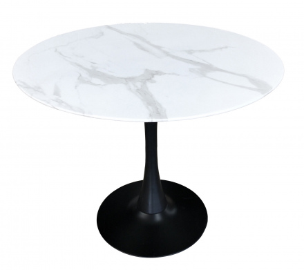 Möbilia Tisch 100 cm Durchmesser aus Platte Glas in Marmoroptik, Gestell pulverbeschichtetes Metall , in der Farbe Platte weiß, Gestell schwarz 28020006