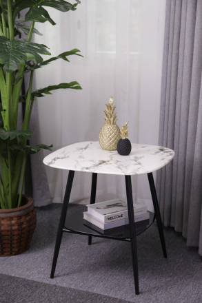 Möbilia Couchtisch 55x55 cm aus Platte Glas in Marmoroptik, Gestell pulverbeschichtetes Metall , in der Farbe Platte weiß, Ablageboden schwarz lackiert, Beine schwarz 28020010