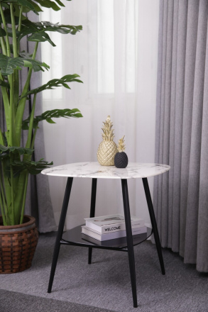 Möbilia Couchtisch 55x55 cm aus Platte Glas in Marmoroptik, Gestell pulverbeschichtetes Metall , in der Farbe Platte weiß, Ablageboden schwarz lackiert, Beine schwarz 28020010