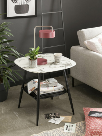 Möbilia Couchtisch 55x55 cm aus Platte Glas in Marmoroptik, Gestell pulverbeschichtetes Metall , in der Farbe Platte weiß, Ablageboden schwarz lackiert, Beine schwarz 28020010