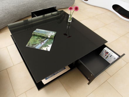 SalesFever Couchtisch 100x100x36 cm schwarz, hochglanz lackiert, 8 mm Glasplatte (Sicherheitsglas)