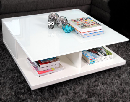 SalesFever Couchtisch 100x100x36 cm weiß, hochglanz lackiert, 8 mm Glasplatte (Sicherheitsglas)