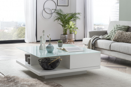 SalesFever Couchtisch 100x100x36 cm weiß, hochglanz lackiert, 8 mm Glasplatte (Sicherheitsglas)
