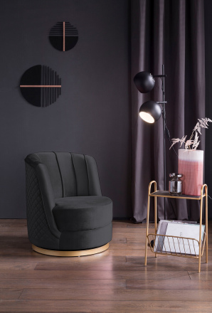 SalesFever Drehsessel aus Samt Schwarz, mit Diamantsteppung, Sockel goldfarben