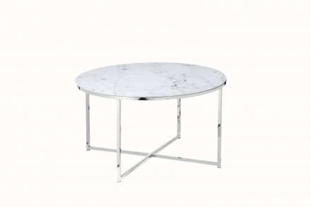 SalesFever Couchtisch Ø 80 cm, Foliert in Marmoroptik Weiß, Gestell Chromfarben