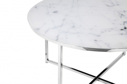 SalesFever Couchtisch Ø 80 cm, Foliert in Marmoroptik Weiß, Gestell Chromfarben