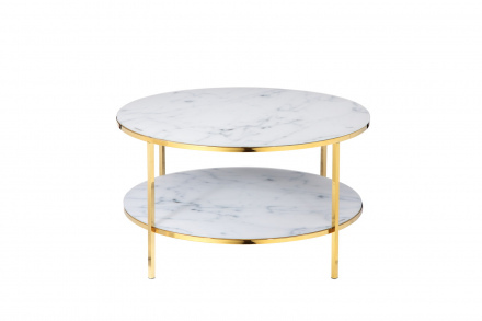 SalesFever Couchtisch mit 2 Ablagen Ø 80 cm, Foliert in Marmoroptik Weiß, Gestell goldfarben