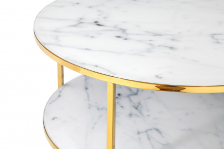 SalesFever Couchtisch mit 2 Ablagen Ø 80 cm, Foliert in Marmoroptik Weiß, Gestell goldfarben