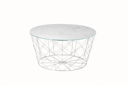 SalesFever Couchtisch mit Metallkorb Ø 80 cm, Foliert in Marmoroptik Weiß, Gestell Chromfarben