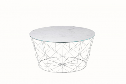 SalesFever Couchtisch mit Metallkorb Ø 80 cm, Foliert in Marmoroptik Weiß, Gestell Chromfarben