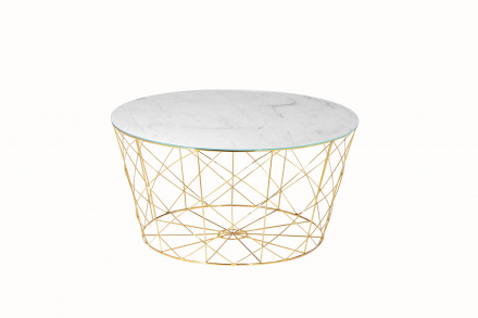 SalesFever Couchtisch mit Metallkorb Ø 80 cm, Foliert in Marmoroptik Weiß, Gestell goldfarben