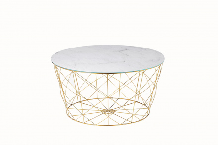 SalesFever Couchtisch mit Metallkorb Ø 80 cm, Foliert in Marmoroptik Weiß, Gestell goldfarben