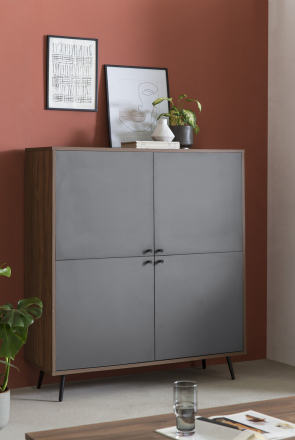 SalesFever Highboard Walnuss/Grau, 4-türig, Füße Metall matt Schwarz