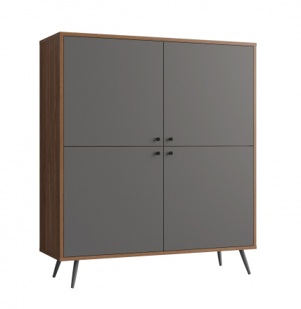 SalesFever Highboard Walnuss/Grau, 4-türig, Füße Metall matt Schwarz