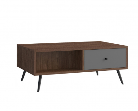 SalesFever Couchtisch Walnuss/Grau, Mit offenem Fach und Schublade, Füße Metall matt Schwarz
