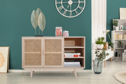 SalesFever Sideboard 100x36 cm Rattangeflecht, 2 Türen, 3 offene Fächer