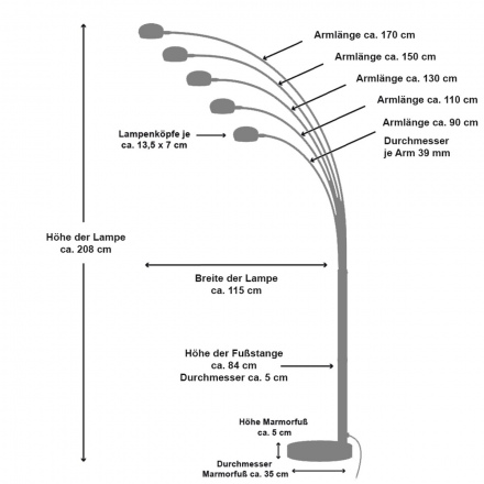 SalesFever Five Fingers 205 cm weiß, 5 bewegliche Arme, Dimmschalter, echter Marmorfuß, weiß lackiert