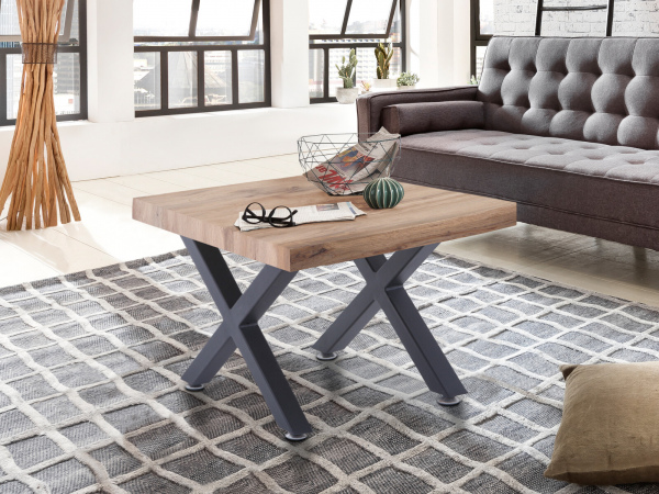 Möbilia Couchtisch 60x60x40 cm aus MDF mit Dekor Wildeiche, Gestell Metall , in der Farbe Platte natur, Gestell schwarz 12020060