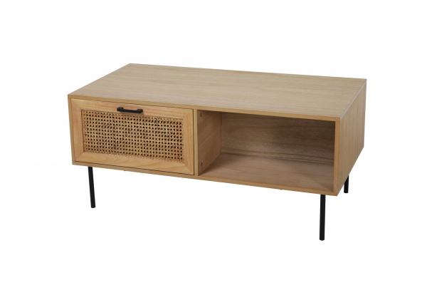 Möbilia Couchtisch aus MDF mit Paulownia-Furnier, Front Rattan, Beine pulverbeschichtetes Metall , in der Farbe natur, Beine schwarz 28020005