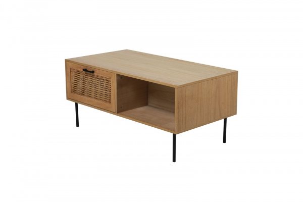 Möbilia Couchtisch aus MDF mit Paulownia-Furnier, Front Rattan, Beine pulverbeschichtetes Metall , in der Farbe natur, Beine schwarz 28020005