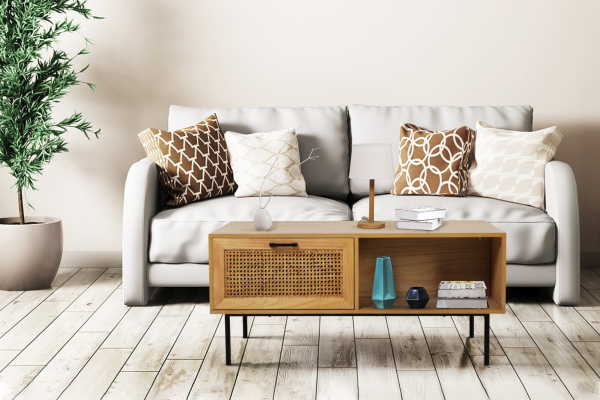 Möbilia Couchtisch aus MDF mit Paulownia-Furnier, Front Rattan, Beine pulverbeschichtetes Metall , in der Farbe natur, Beine schwarz 28020005