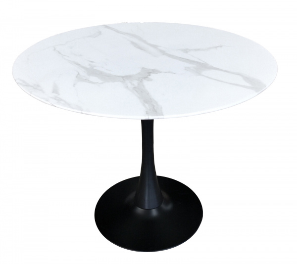 Möbilia Tisch 100 cm Durchmesser aus Platte Glas in Marmoroptik, Gestell pulverbeschichtetes Metall , in der Farbe Platte weiß, Gestell schwarz 28020006