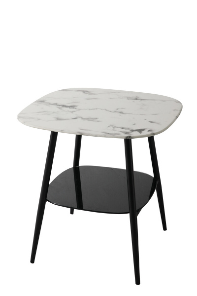 Möbilia Couchtisch 55x55 cm aus Platte Glas in Marmoroptik, Gestell pulverbeschichtetes Metall , in der Farbe Platte weiß, Ablageboden schwarz lackiert, Beine schwarz 28020010