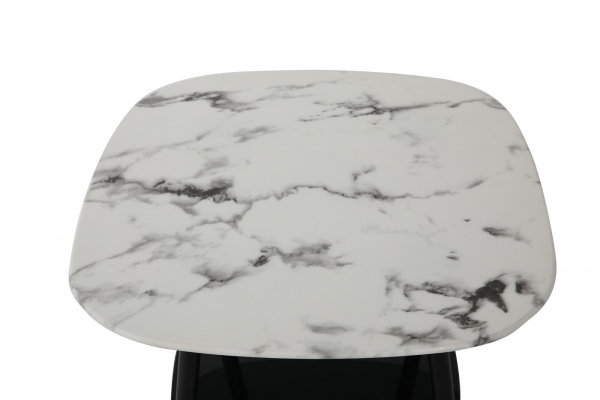 Möbilia Couchtisch 55x55 cm aus Platte Glas in Marmoroptik, Gestell pulverbeschichtetes Metall , in der Farbe Platte weiß, Ablageboden schwarz lackiert, Beine schwarz 28020010