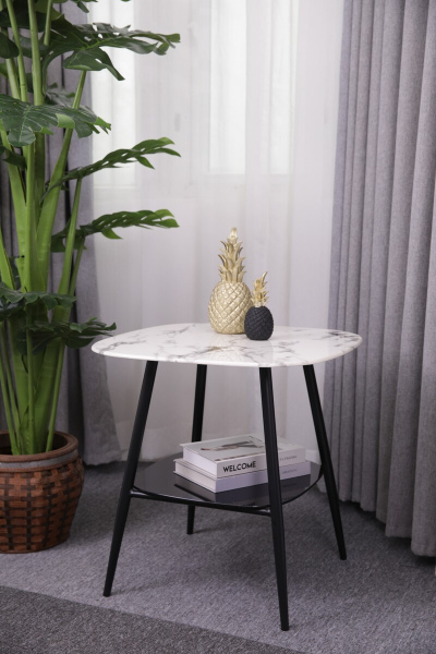 Möbilia Couchtisch 55x55 cm aus Platte Glas in Marmoroptik, Gestell pulverbeschichtetes Metall , in der Farbe Platte weiß, Ablageboden schwarz lackiert, Beine schwarz 28020010