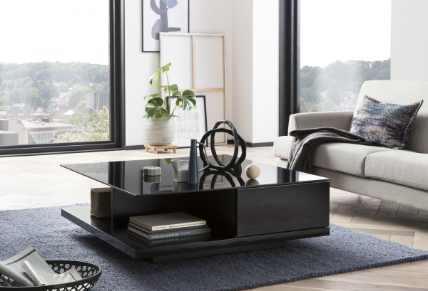 SalesFever Couchtisch 100x100x36 cm schwarz, hochglanz lackiert, 8 mm Glasplatte (Sicherheitsglas)