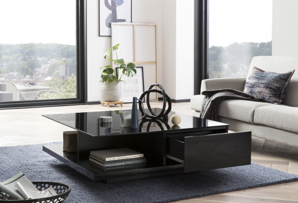 SalesFever Couchtisch 100x100x36 cm schwarz, hochglanz lackiert, 8 mm Glasplatte (Sicherheitsglas)