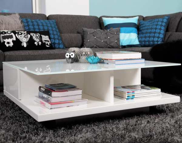 SalesFever Couchtisch 100x100x36 cm weiß, hochglanz lackiert, 8 mm Glasplatte (Sicherheitsglas)