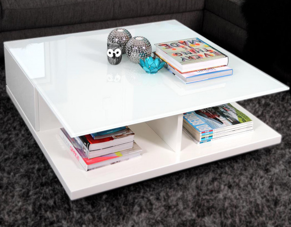 SalesFever Couchtisch 100x100x36 cm weiß, hochglanz lackiert, 8 mm Glasplatte (Sicherheitsglas)