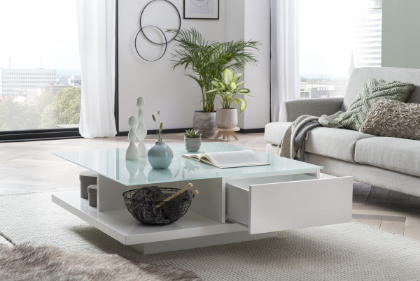 SalesFever Couchtisch 100x100x36 cm weiß, hochglanz lackiert, 8 mm Glasplatte (Sicherheitsglas)