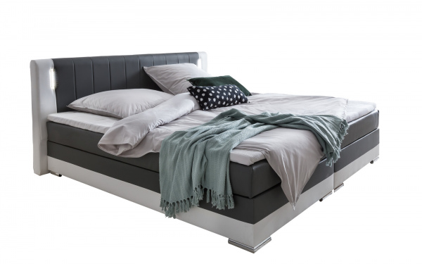 SalesFever Boxspringbett 200 x 200 cm LED grau/weiß Kunstleder-Optik, inkl. 5 cm Topper & inkl. Matratze H3