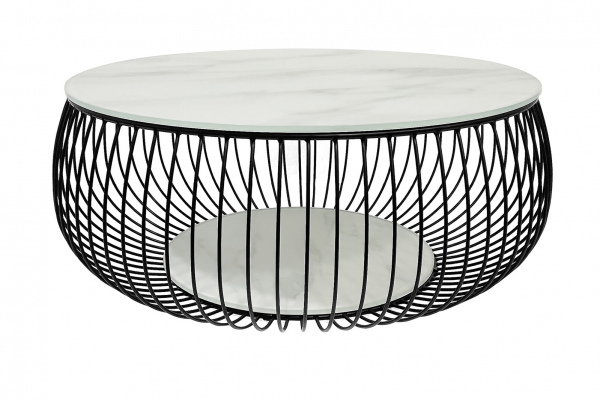 SalesFever Couchtisch Ø 86 cm Schwarz/Weiß, 10 mm starke Klarglasplatte mit Marmordruck Weiß