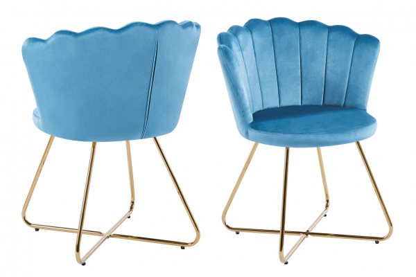 SalesFever Muschelstuhl aus Samt 2er Set Blau, Beine Chrom goldfarben