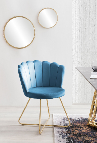 SalesFever Muschelstuhl aus Samt 2er Set Blau, Beine Chrom goldfarben