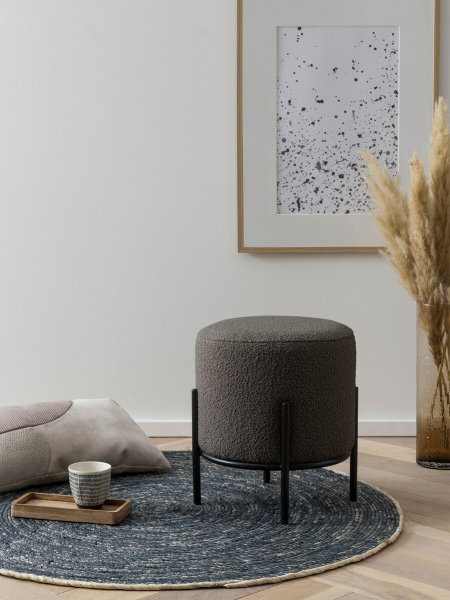 SalesFever Polsterhocker Ø35 cm Bouclé Stoff Anthrazit, mit Design-Gestell aus schwarzem Metall