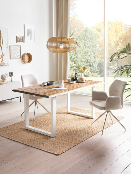 SalesFever Essgruppe 5 tlg. 180x90 cm, Esstisch Akazie, Esszimmerstuhl cognac bestehend aus 1x398791+2x372388