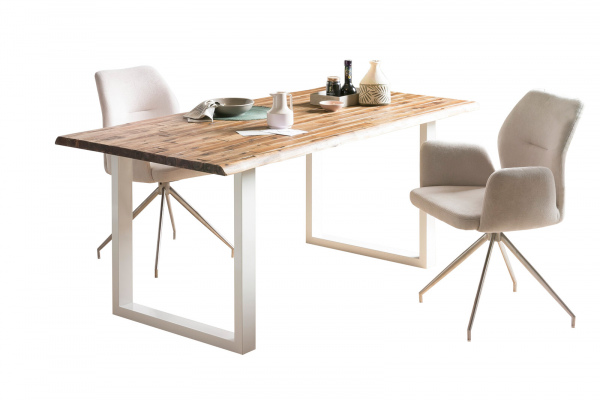 SalesFever Essgruppe 5 tlg. 180x90 cm, Esstisch Akazie, Esszimmerstuhl cognac bestehend aus 1x398791+2x372388