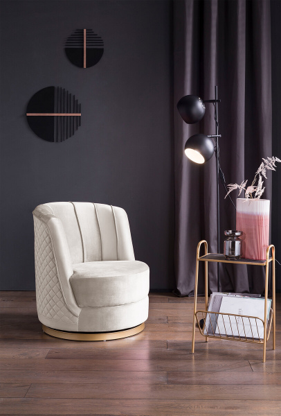 SalesFever Drehsessel aus Samt Beige, mit Diamantsteppung, Sockel goldfarben